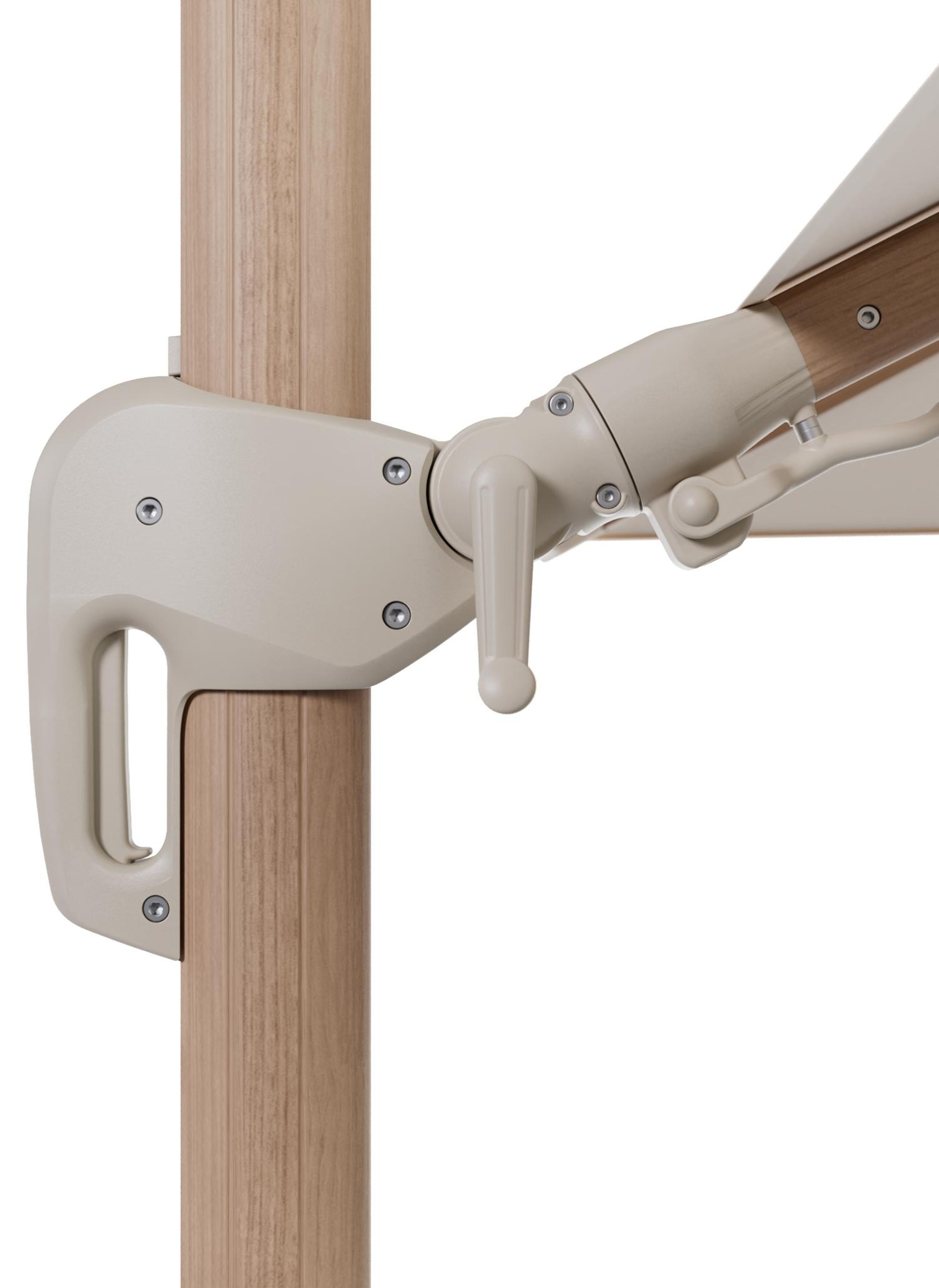 Rufina zweefparasol met tiltfunctie in houtlook aluminium en Natte Linen Chalk All Weather Sunbrella® Luxe parasoldoek - L1 300 x L2 300 cm met parasolvoet Minore 150 kg met wielen