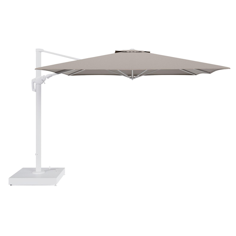 Parasol pendant Minore avec fonction tilt en aluminium blanc et toile de parasol All Weather Solica Firenze Earth - Lg.1: 350 x Lg.2: 350 cm avec pied de parasol Minore 260 kg avec roulettes