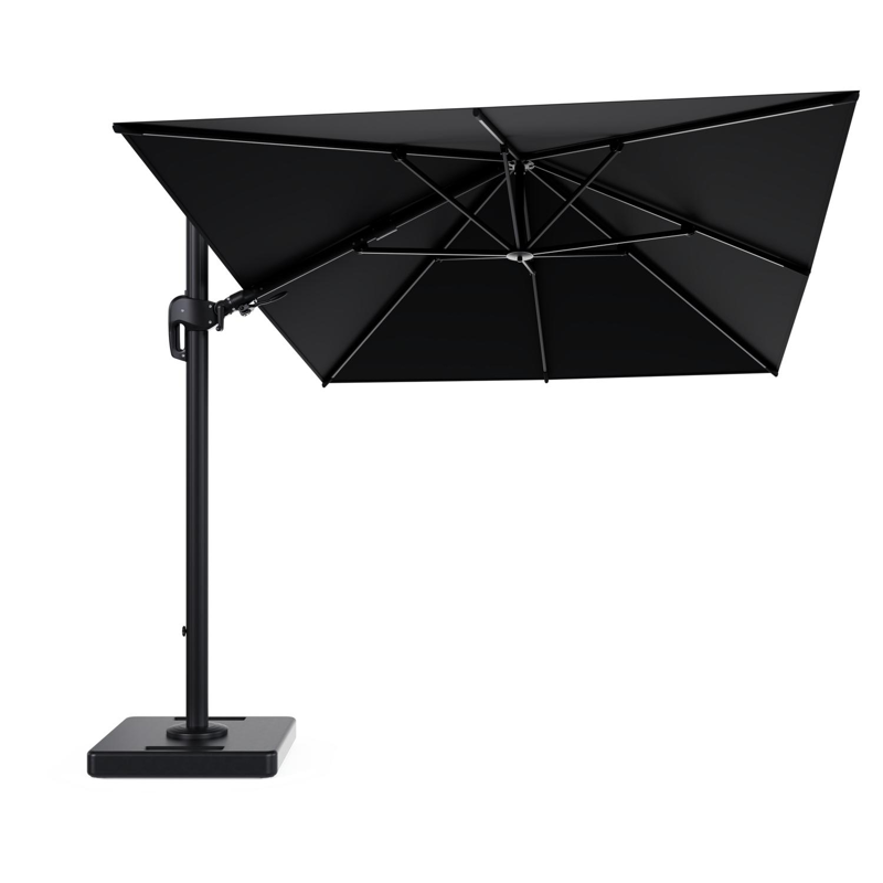 Rufina zweefparasol tiltfunctie in zwart aluminium en parasoldoek in All Weather Sunbrella® Premium Zwart - L1 350 x L2 250 cm met parasolvoet Lapido 160 kg