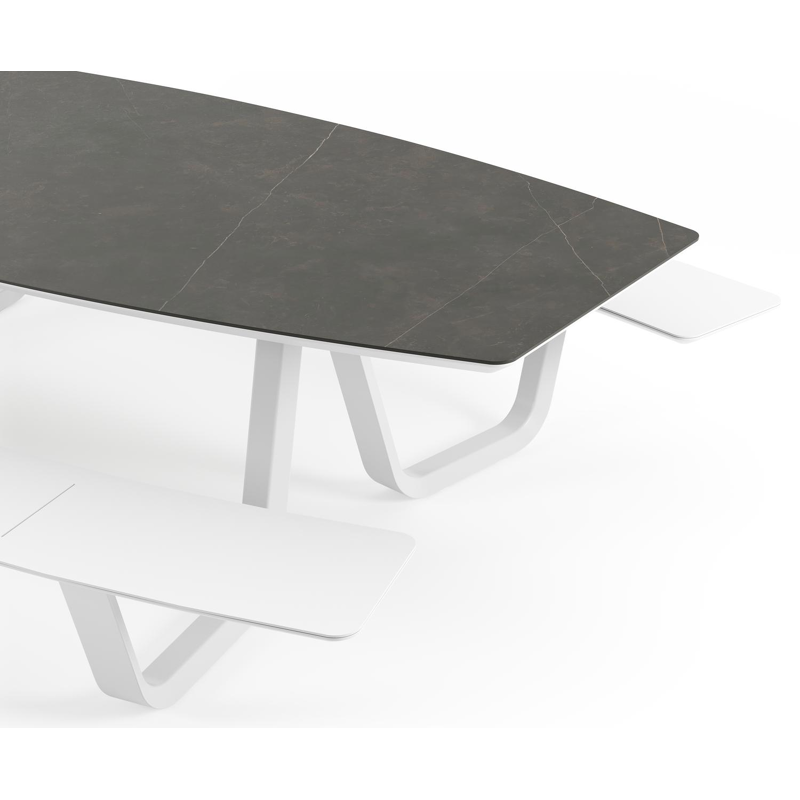 Table de pique-Forno forme de bateau en aluminium blanc et céramique pleine Calatorao - Lg. 280 x Lrg. 192 x Haut. 72 cm