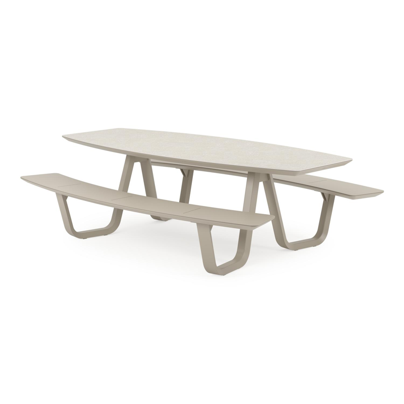 Table de pique-nique Forno forme de bateau en aluminium beige et céramique pleine Shilin - Lg. 240 x Lrg. 181 x Haut. 72 cm