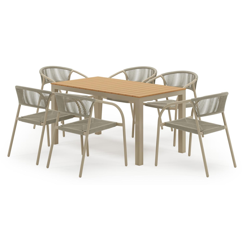 Toma tuinset in beige aluminium en polywood met 6 stapelbare Melo tuinstoelen