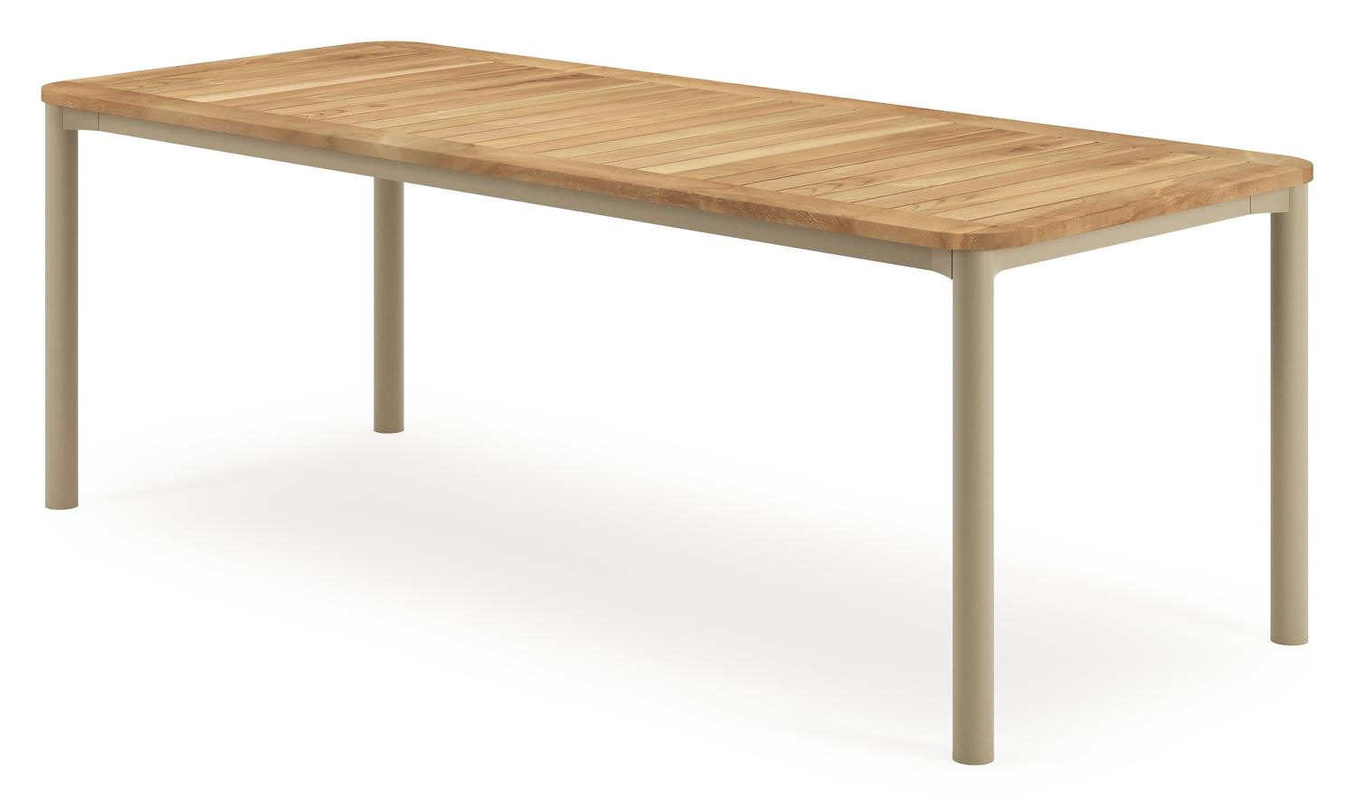 Table de jardin Mira rectangulaire arrondie en aluminium beige et teck finition naturelle - L 220 x L 92 x H 74 cm