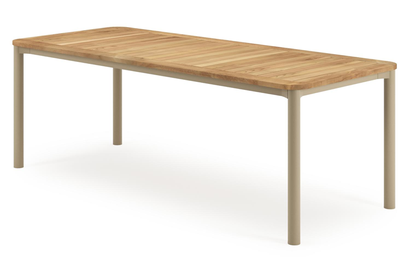 Mira tuintafel rechthoekig afgerond in beige aluminium en teak natural finish - L 220 x B 92 x H 74 cm