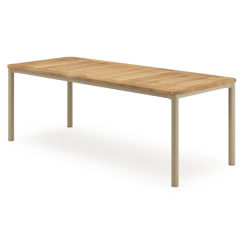 Mira tuintafel rechthoekig afgerond in beige aluminium en teak natural finish - L 220 x B 92 x H 74 cm