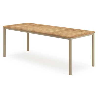 Mira tuintafel rechthoekig afgerond in beige aluminium en teak natural finish - L 220 x B 92 x H 74 cm