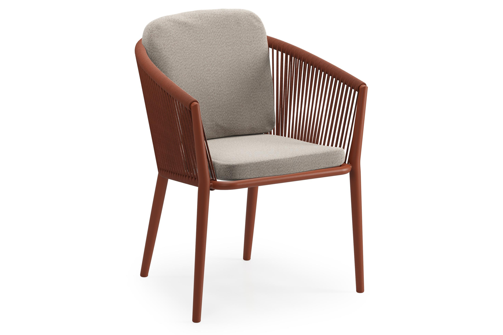 Chaise de jardin Orso en aluminium brun rouille et corde ronde tissée verticalement brun rouille avec coussin luxe en All Weather Sunbrella® Luxe Savane Coconut