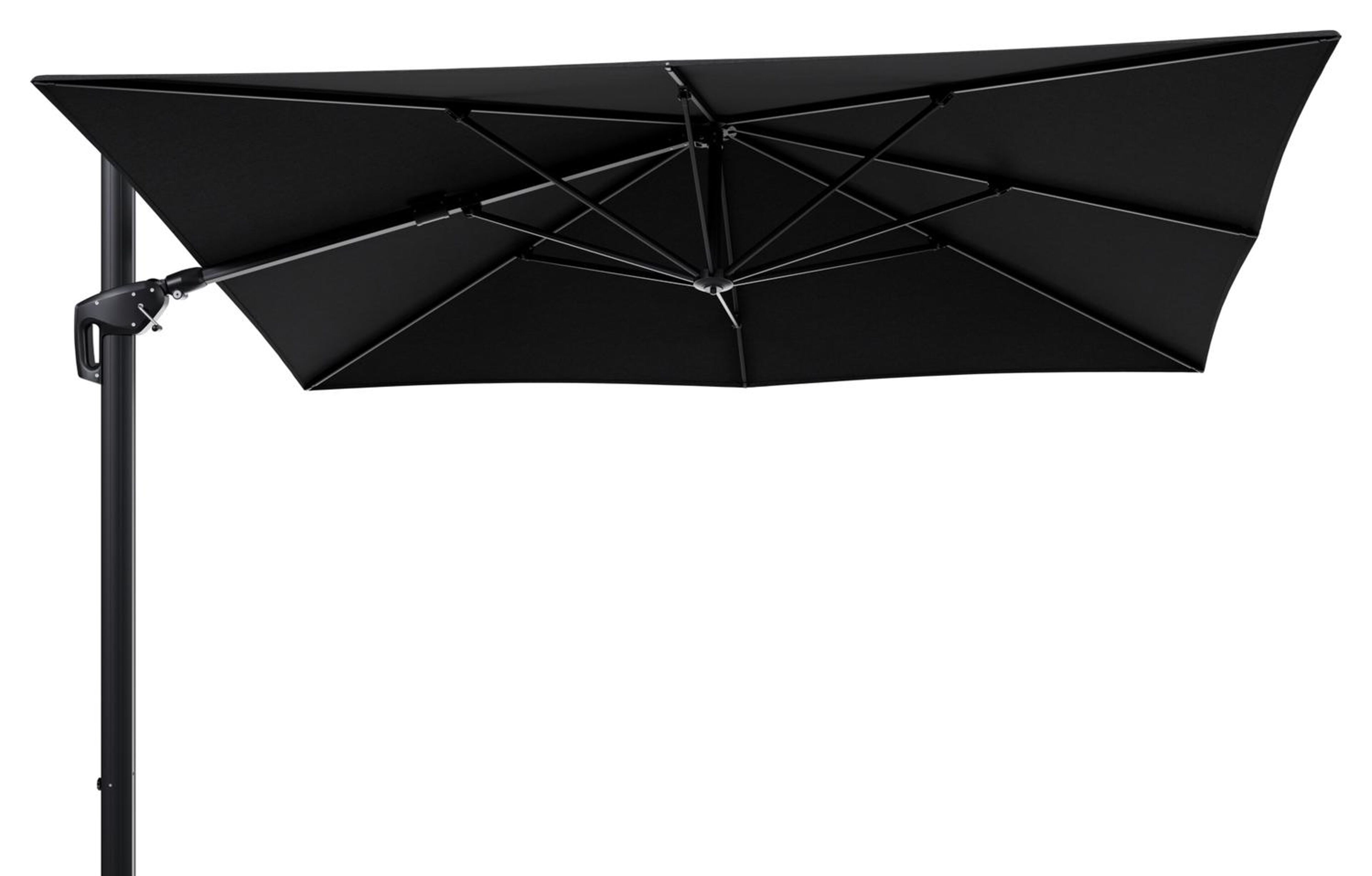 Minore zweefparasol met tiltfunctie in zwart aluminium met chartres sooty all weather sunbrella® luxe parasoldoek - L1 280 x L2 370 cm (zonder voet)
