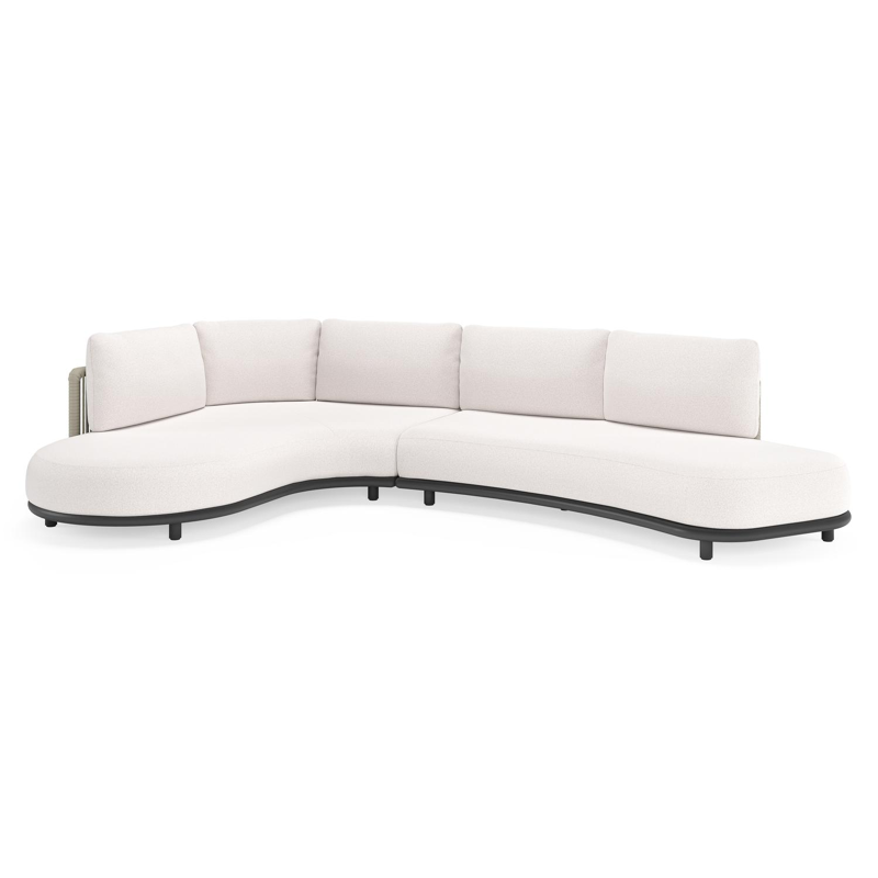 Salon de jardin d'angle Lomano en aluminium noir et corde luxe plate tissée verticalement beige et coussins en all weather solica Ego Eggshell