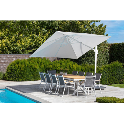 Avola zweefparasol met tiltfunctie in wit aluminium met wit polyester parasoldoek - L1: 300 x L2: 300 cm (met voet)