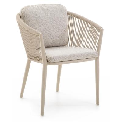 Chaise de jardin empilable Orso en aluminium beige et corde ronde tissée verticallement beige avec coussin en All Weather Solica Firenze Natural