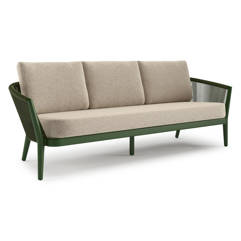 Orso loungebank in groen aluminium en groen verticaal geweven ronde rope met Bora Desert all weather cosytica kussen