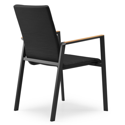 Cirello stapelbare tuinstoel in zwart aluminium en zwart luxe comfort textilene en teak armleuning