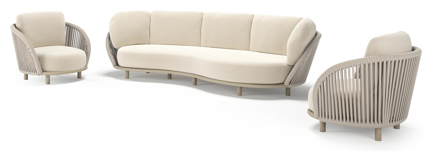 Lupino loungeset in beige aluminium en beige verticaal geweven luxe vlakke brede rope met althea off white all weather cosytica kussen