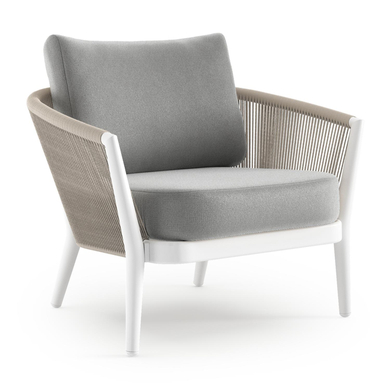 Fauteuil de jardin Orso en aluminium blanc en corde ronde tissée verticalement beige et coussins en all weather sunbrella® luxe Savane Grey