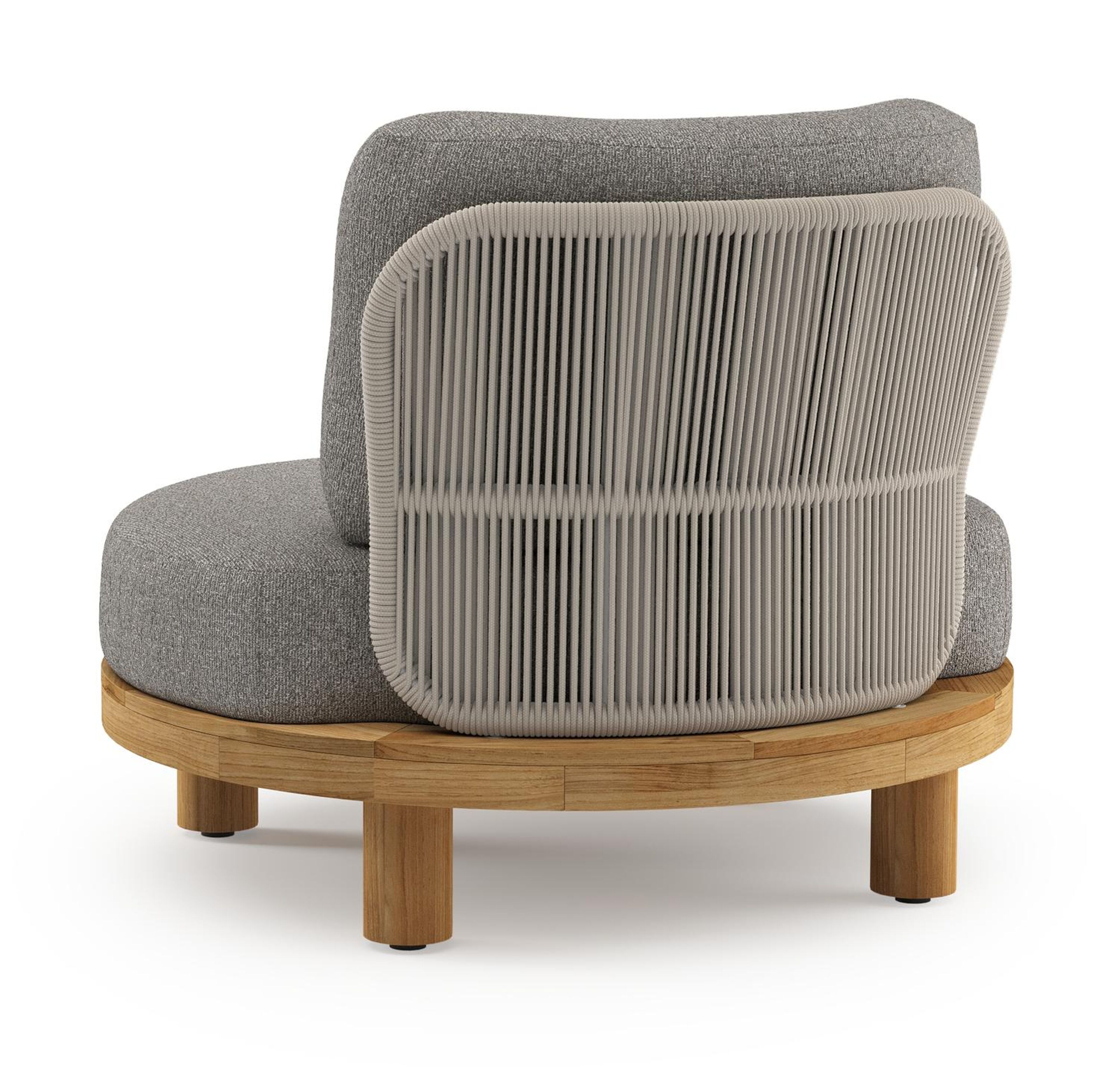Donato loungestoel in teak en beige verticaal geweven ronde rope met all weather sunbrella® luxe Tundra Charcoal kussen