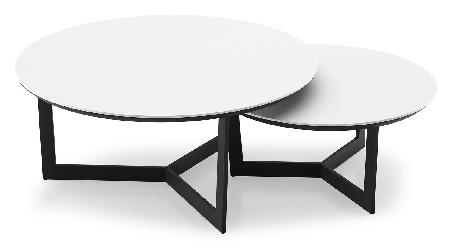 Ensemble de 2 tables d'appoint Fano ronde en aluminium noir et céramique pleine Arctic White - Diam. 85/65 x Haut. 35/30 cm