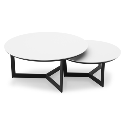 Lacrima set van 2 loungetafels rond in zwart aluminium en volkeramiek Arctic White - Dia. 85/65 x H 35/30 cm