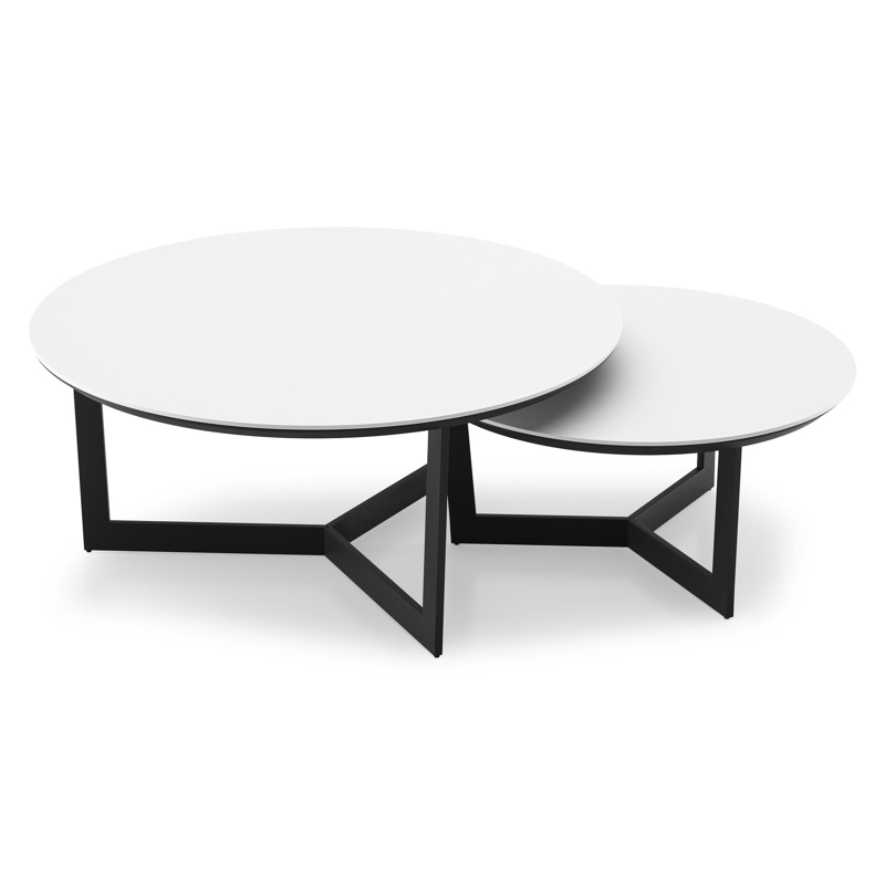 Lacrima set van 2 loungetafels rond in zwart aluminium en volkeramiek Arctic White - Dia. 85/65 x H 35/30 cm