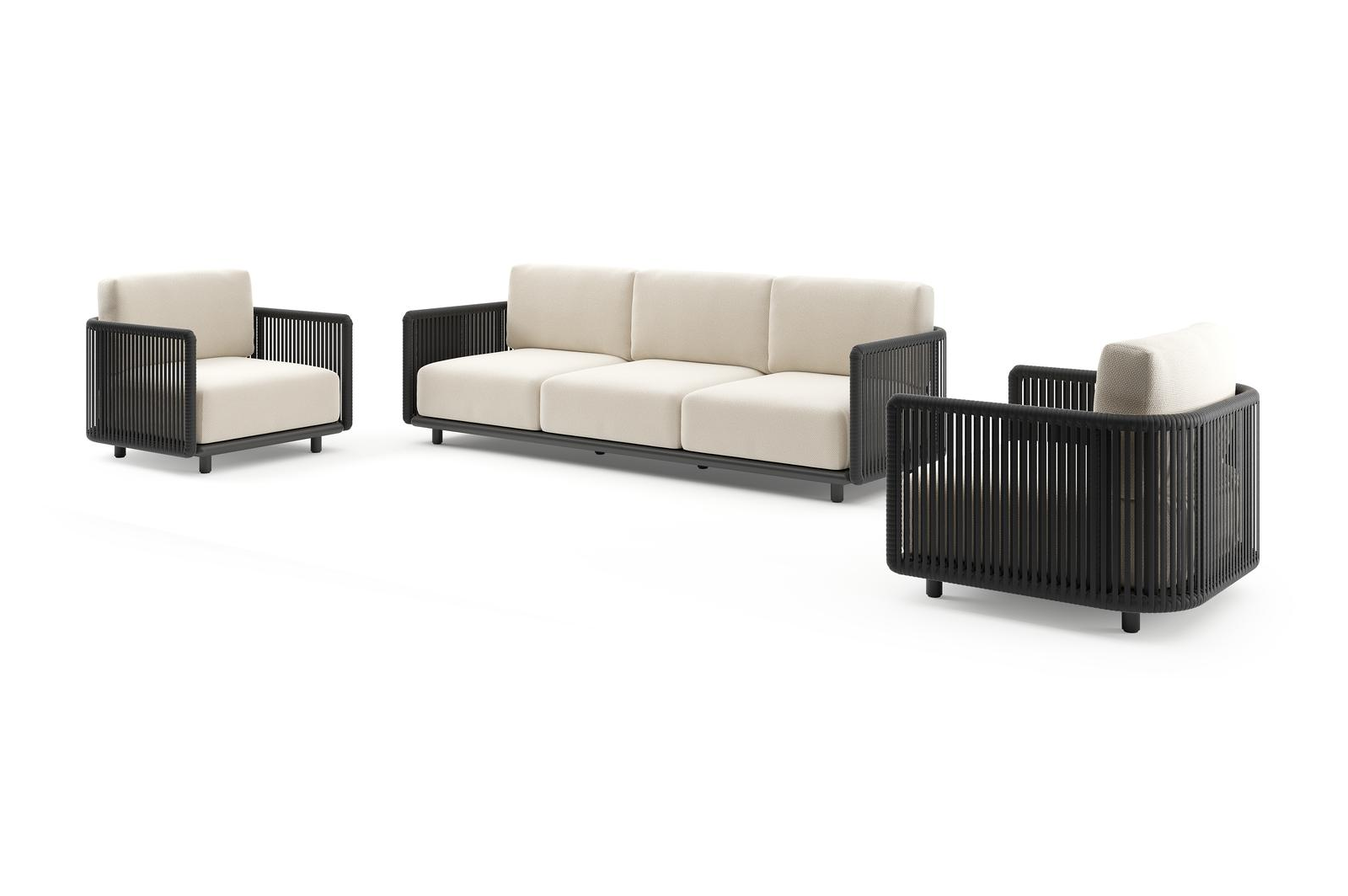 Organo loungeset in zwart aluminium en zwart verticaal geweven luxe vlakke rope met althea off white all weather Cosytica kussen