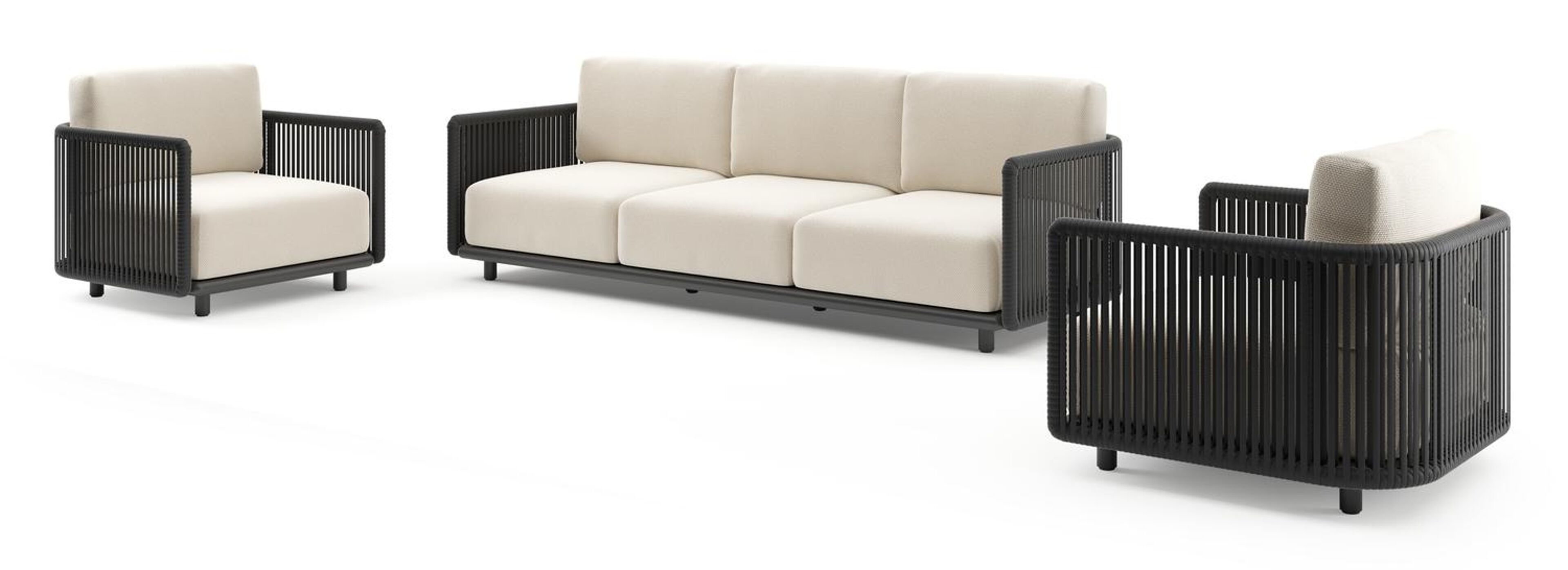 Organo loungeset in zwart aluminium en zwart verticaal geweven luxe vlakke rope met althea off white all weather Cosytica kussen