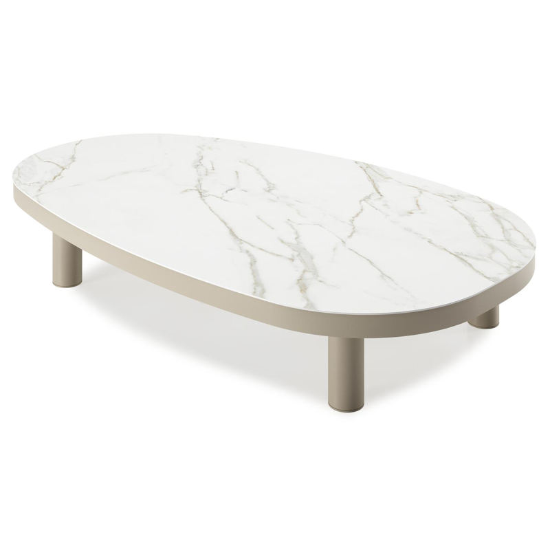 Table de basse Donato organique en aluminium beige et céramique pleine Calacatta - Lg. 151 x Lrg. 90 x Haut. 24.5 cm