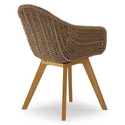 Chaise de jardin Pagino en teck naturel et résine tressée ronde brun avec coussin en All Weather Sunbrella® Luxe Natte Charcoal Chine