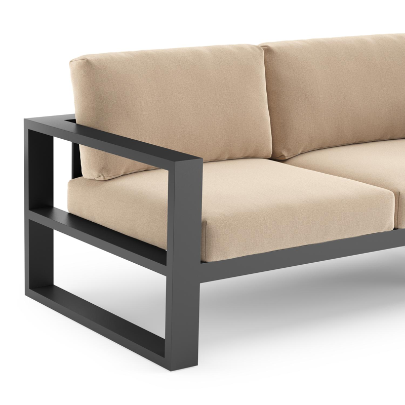 Salon de jardin d'angle Verato en aluminium noir et coussins en all weather sunbrella® luxe natte heather beige