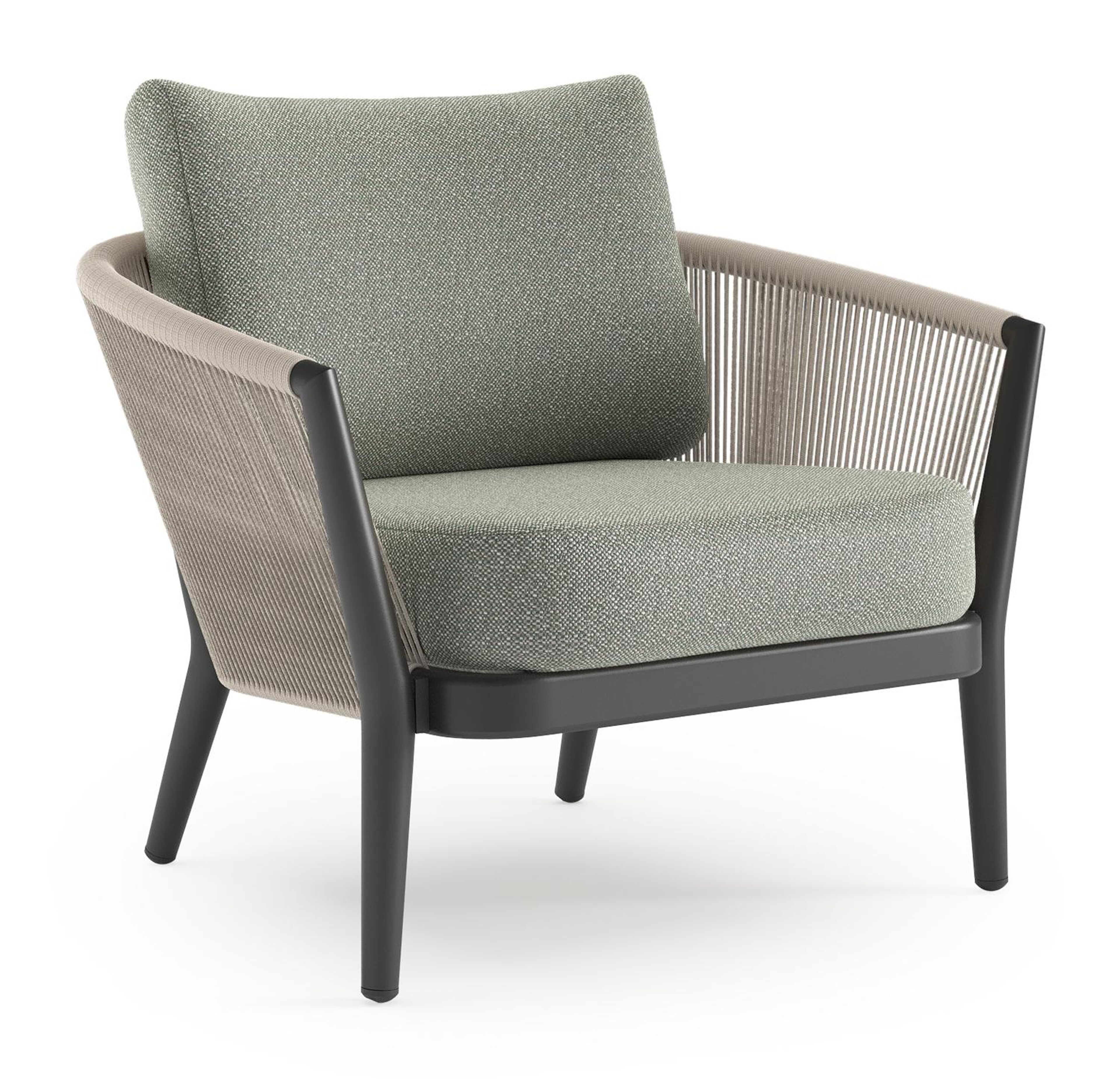 Orso loungestoel in zwart aluminium en beige verticaal geweven ronde rope met Savane Leaf all weather sunbrella® luxe kussen