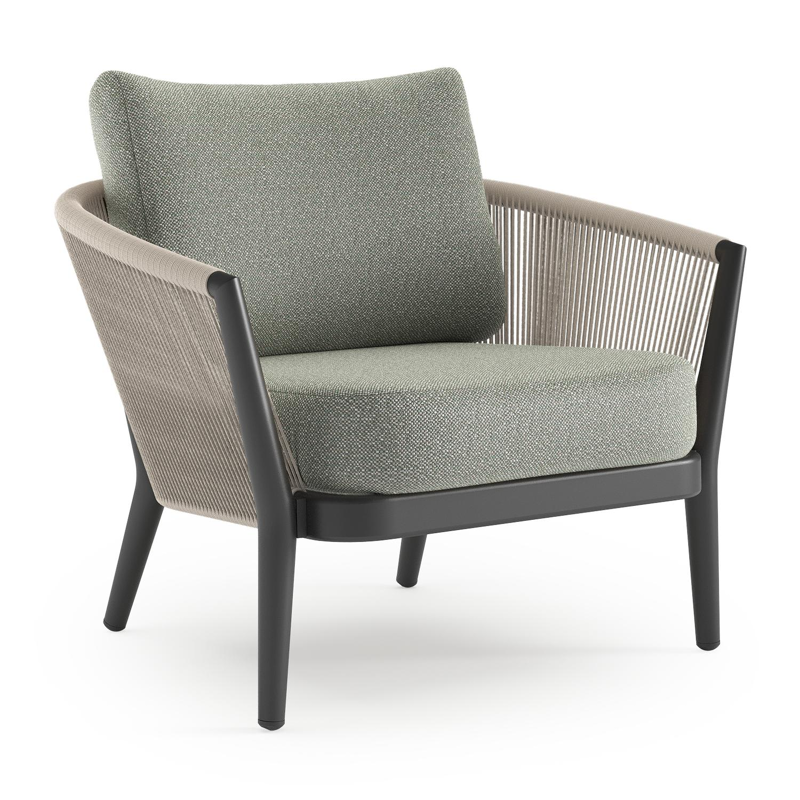 Orso loungestoel in zwart aluminium en beige verticaal geweven ronde rope met Savane Leaf all weather sunbrella® luxe kussen