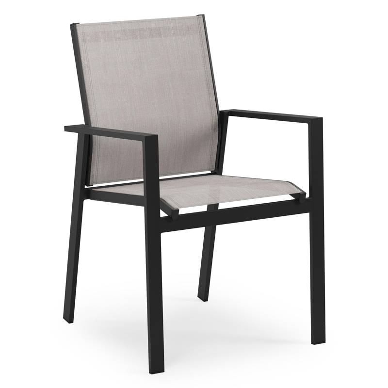 Calzo tuinset in zwart aluminium en zwart sintered stone met 6 stapelbare Bahia tuinstoelen