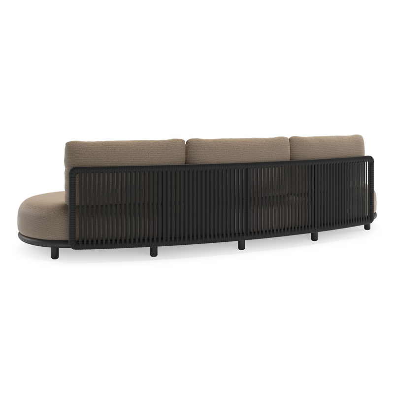 Canapé de jardin Lomano en aluminium noir et corde luxe plate tissée verticalement noir et coussins en all weather solica firenze earth