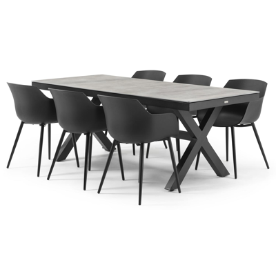 Bahia tuinset in zwart aluminium en grijs keramische print tafelblad met 6 Paco tuinstoelen
