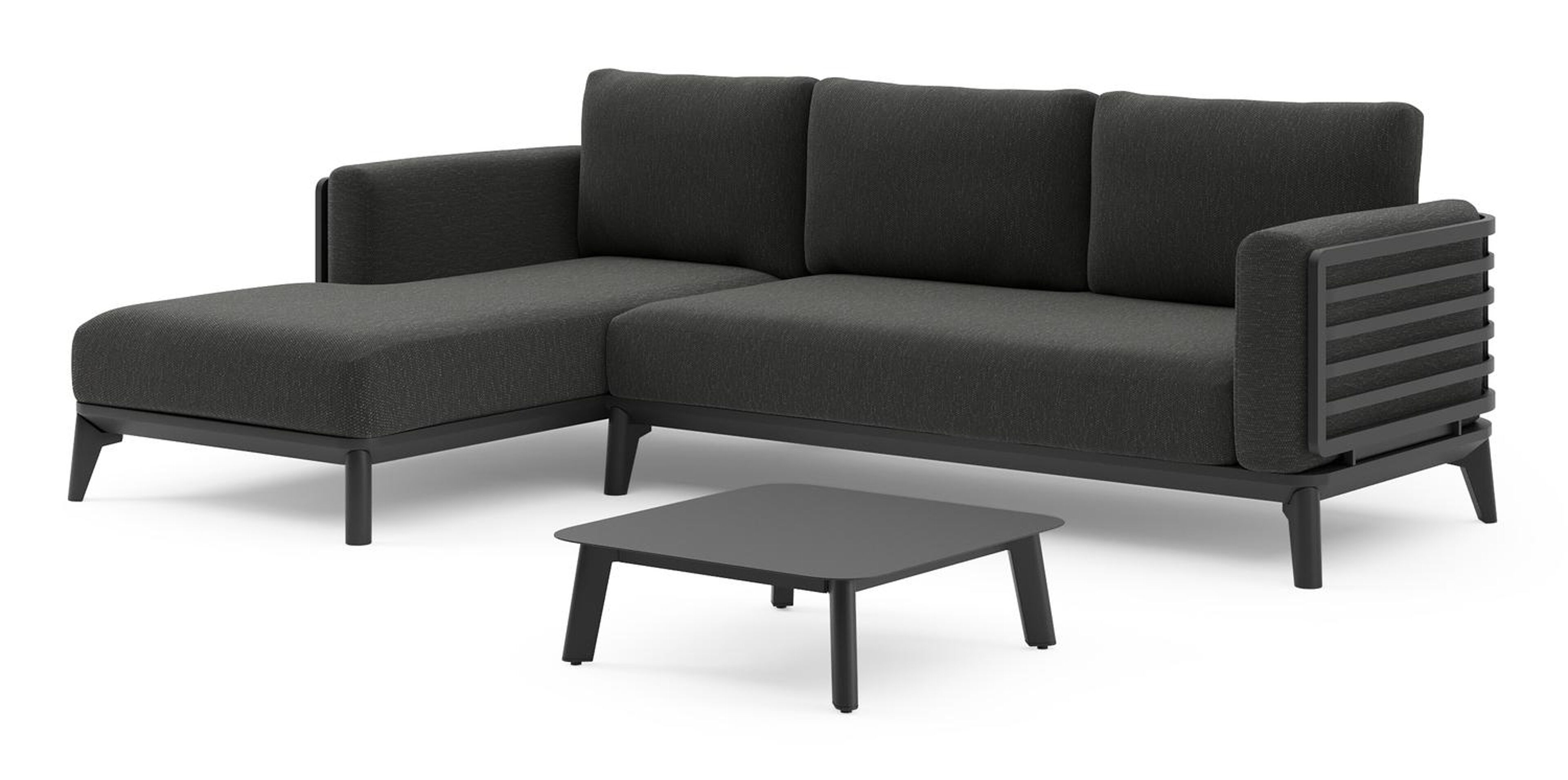 Salon de jardin d'angle Mosa en aluminium noir et coussins en weather+ softtouch sky black et table basse