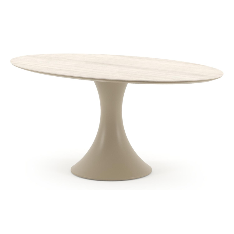Table de jardin Fano ovale en aluminium beige et céramique pleine Travertino Bianco - Lg. 180 x Lrg. 110 x Haut. 75 cm
