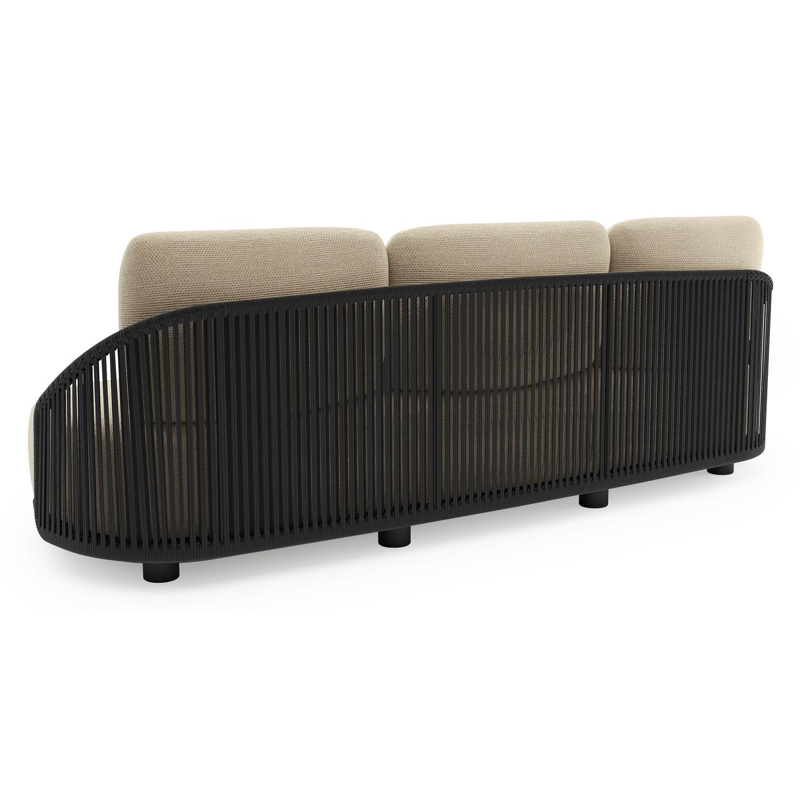 Salon de jardin Vadelo en aluminium noir et corde ronde tissée verticalement noir et coussins en all weather cosytica althea camel