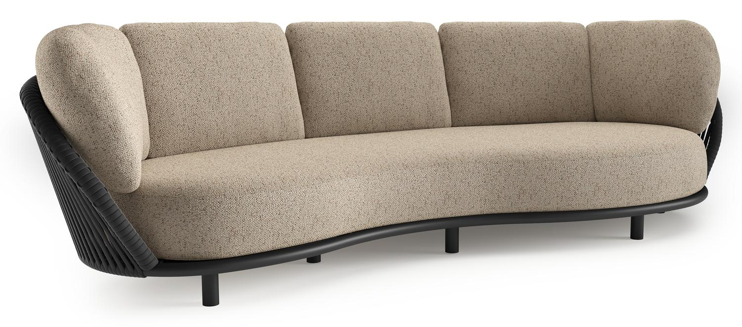 Lupino loungebank in zwart aluminium en zwart verticaal geweven luxe vlakke brede rope met bora jungle all weather cosytica kussen