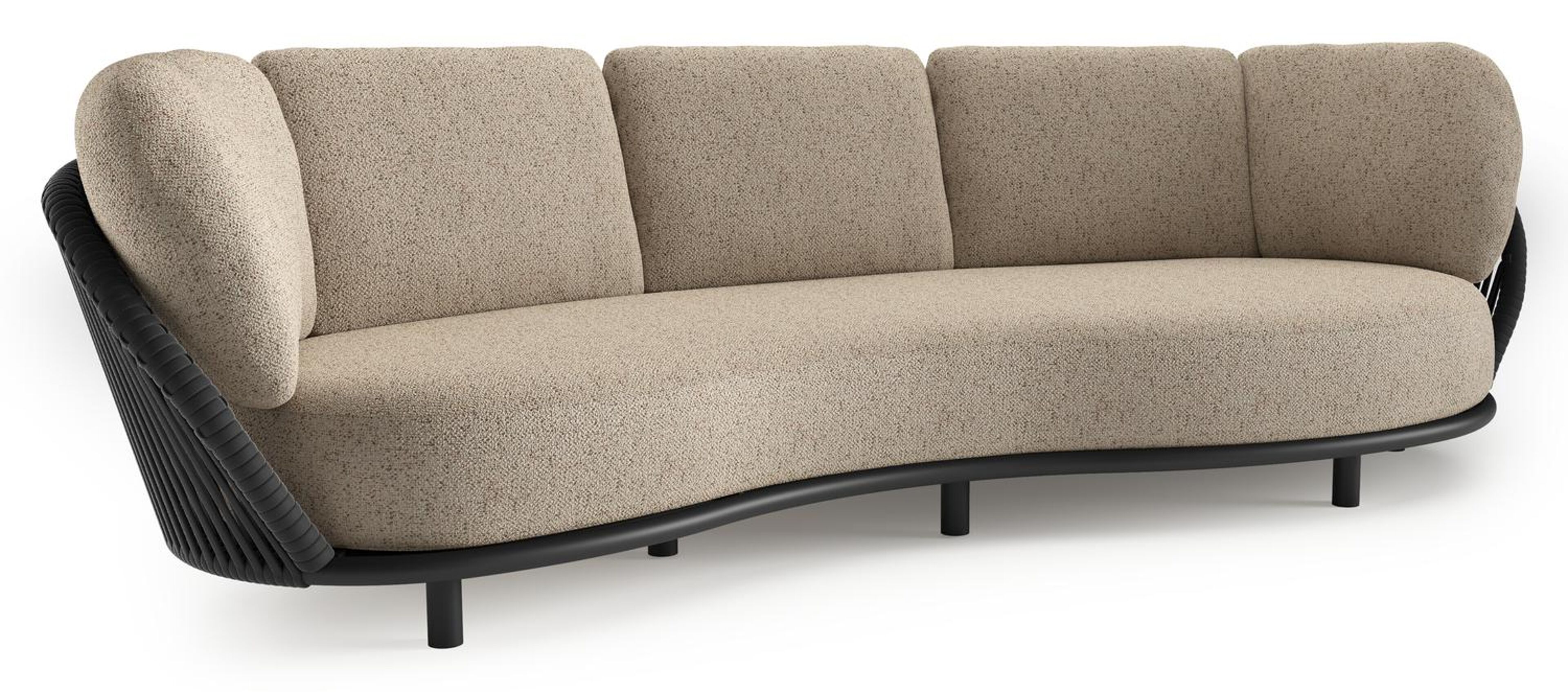 Lupino loungebank in zwart aluminium en zwart verticaal geweven luxe vlakke brede rope met bora jungle all weather cosytica kussen