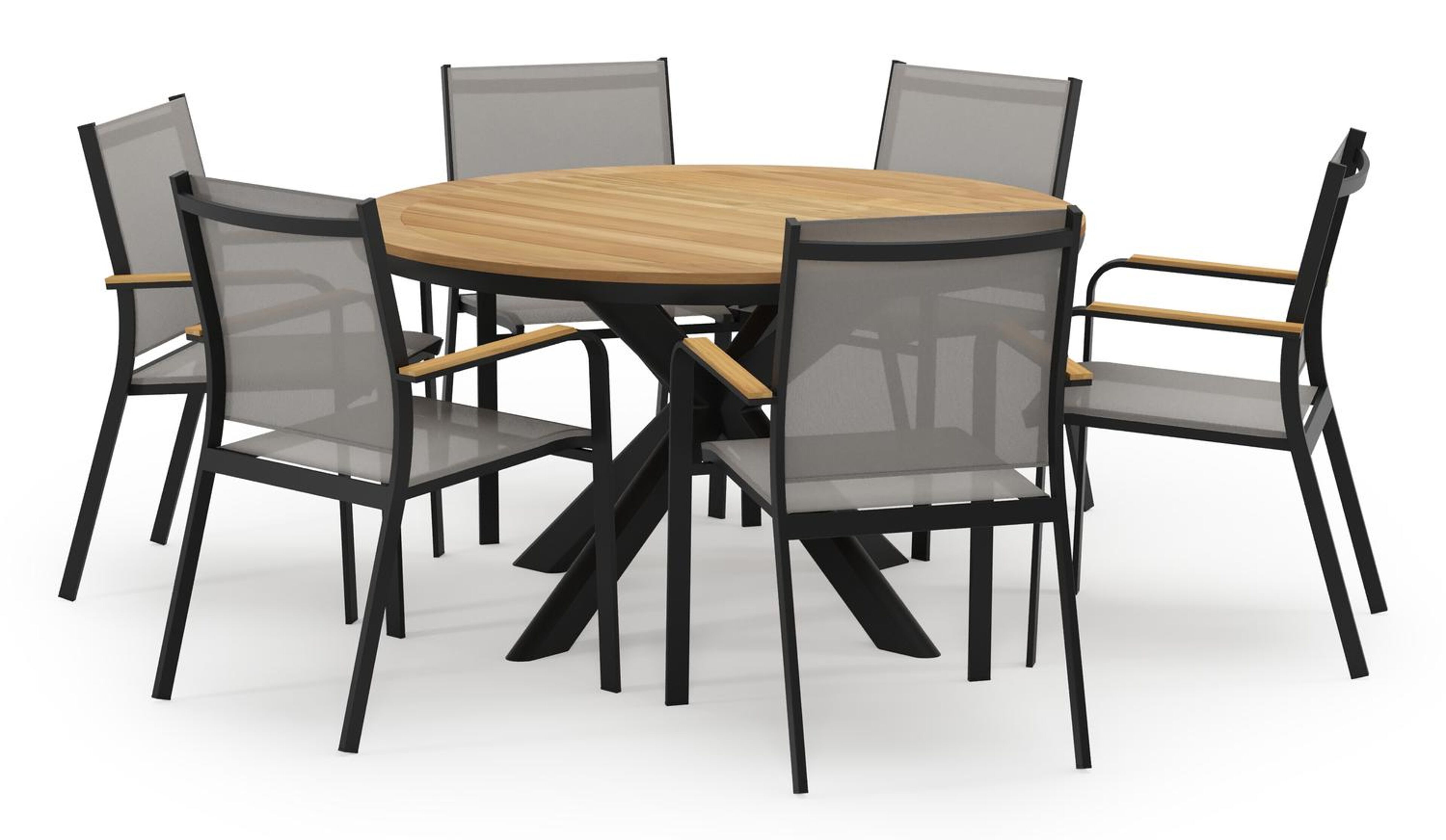 Pamplona ronde tuinset in zwart aluminium en teak naturel met 6 Amalfi tuinstoelen