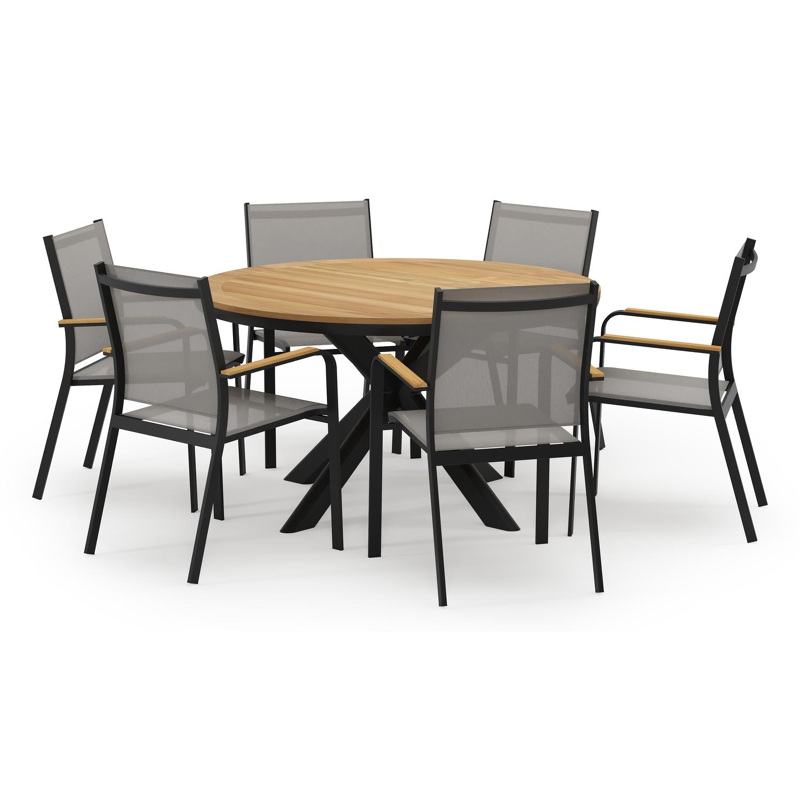 Pamplona ronde tuinset in zwart aluminium en teak naturel met 6 Amalfi tuinstoelen
