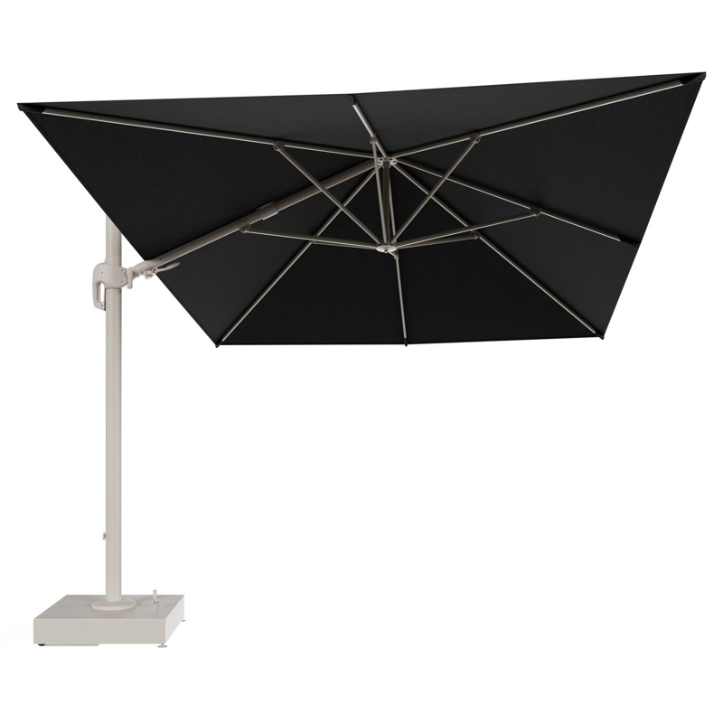 Rufina zweefparasol met tiltfunctie in beige aluminium en Chartres Sooty All Weather Sunbrella® Luxe parasoldoek - L1 400 x L2 300 cm met parasolvoet Minore 150 kg met wielen