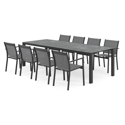 Trente tuinset in zwart aluminium en grijs keramisch glas tafelblad met 8 stapelbare Bareto tuinstoelen