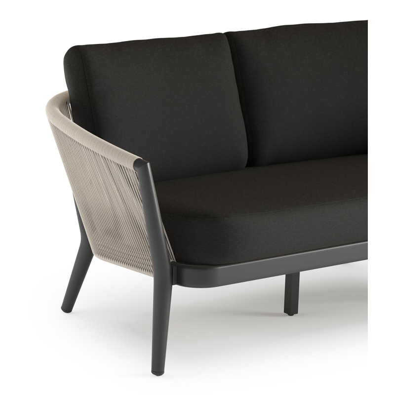 Orso loungebank in zwart aluminium en beige verticaal geweven ronde rope met Heritage Char all weather sunbrella® luxe kussen