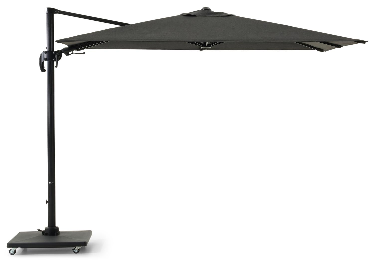 Avola zweefparasol met tiltfunctie in zwart aluminium en Natte Sooty Sunbrella® Premium parasoldoek - L1 200 x L2 300 cm met Avola parasolvoet 90 kg