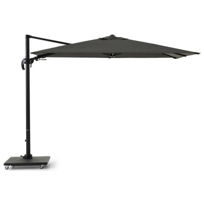 Avola zweefparasol met tiltfunctie in zwart aluminium en Natte Sooty Sunbrella® Premium parasoldoek - L1 200 x L2 300 cm met Avola parasolvoet 90 kg