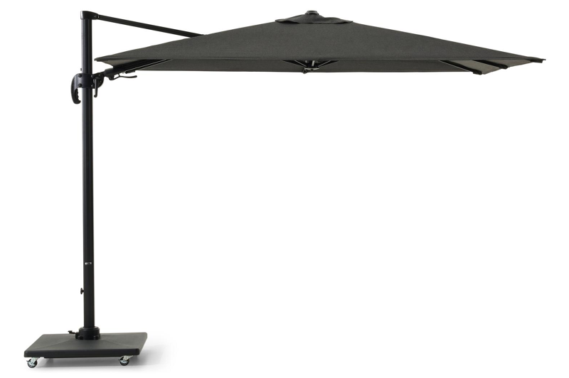 Avola zweefparasol met tiltfunctie in zwart aluminium en Natte Sooty Sunbrella® Premium parasoldoek - L1 200 x L2 300 cm met Avola parasolvoet 90 kg