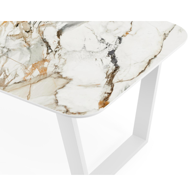 Table de jardin Pagino en aluminium blanc et céramique pleine calacatta luxe - Lg 255 x Larg. 115 x H 74 cm