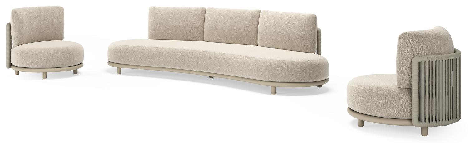 Lomano loungeset in beige aluminium en beige verticaal geweven luxe vlakke rope met Marbella Ecru all weather cosytica