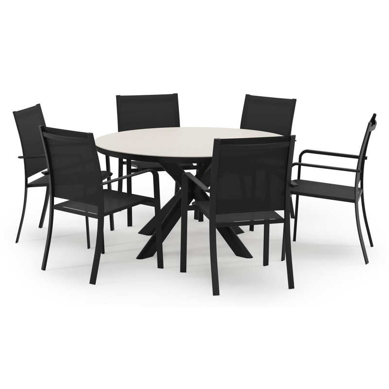 Pamplona ronde tuinset in zwart aluminium en sintered stone crema minerale met 6 Calobra tuinstoelen