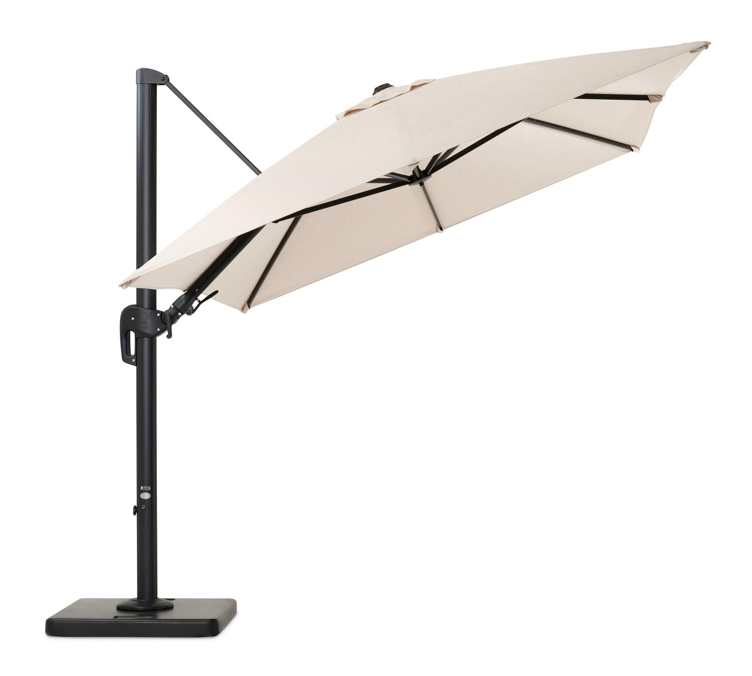 Rufina zweefparasol met tiltfunctie in zwart aluminium met beige all weather sunbrella® premium parasoldoek - L1: 250 x L2: 350 cm (met voet)